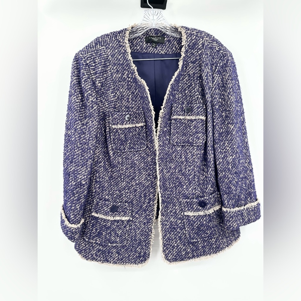 Talbots Women's Tweed Purple/Cream Open Front Blazer Size 14W